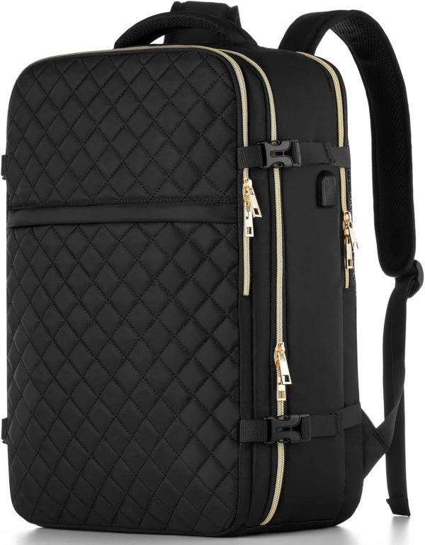 Large Travel Backpack Women, Flight Approved Carry On Backpack, Water Resistant Anti-Theft Casual Daypack School Bag Fit 17 Inch Laptop with USB Charging Port, Black