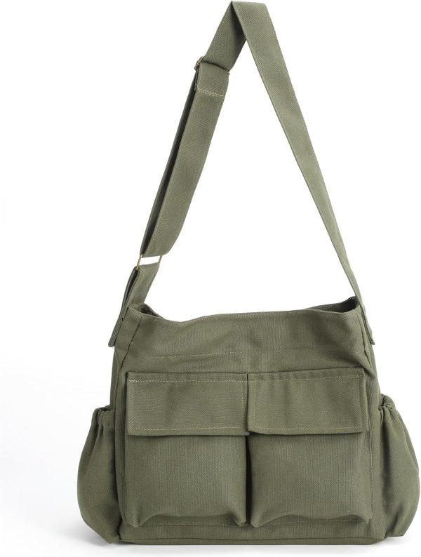 Canvas Messenger Bag Large Hobo Crossbody Bag with Multiple Pockets For Women And Men Shoulder Tote Bag For Travel